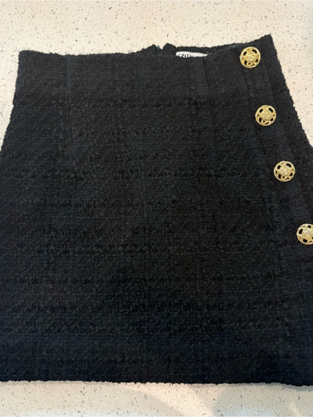 Zara Black Tweed Style Mini Skirt with Gold Medallion Buttons